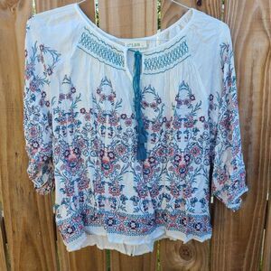 C'isa Boho Boho Peasant Blouse Women's Medium White Blue Embroidery Print Top
